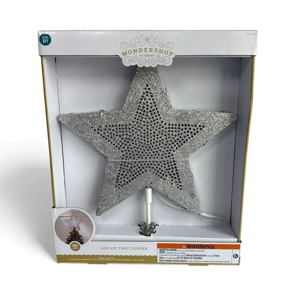 Wondershop LED Star Tree Topper Silver Glitter 90 Lights Christmas NEW